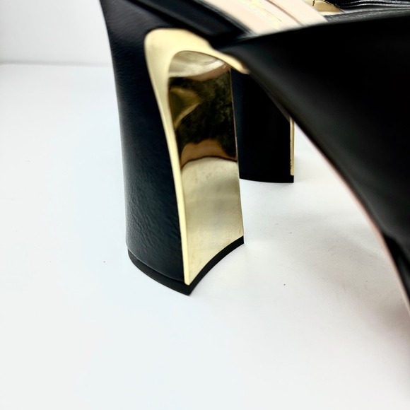 Sebastian Black Nappa Leather Strappy Sandals Size 38 EU Gold Block Heel Women's - Picture 5 of 10